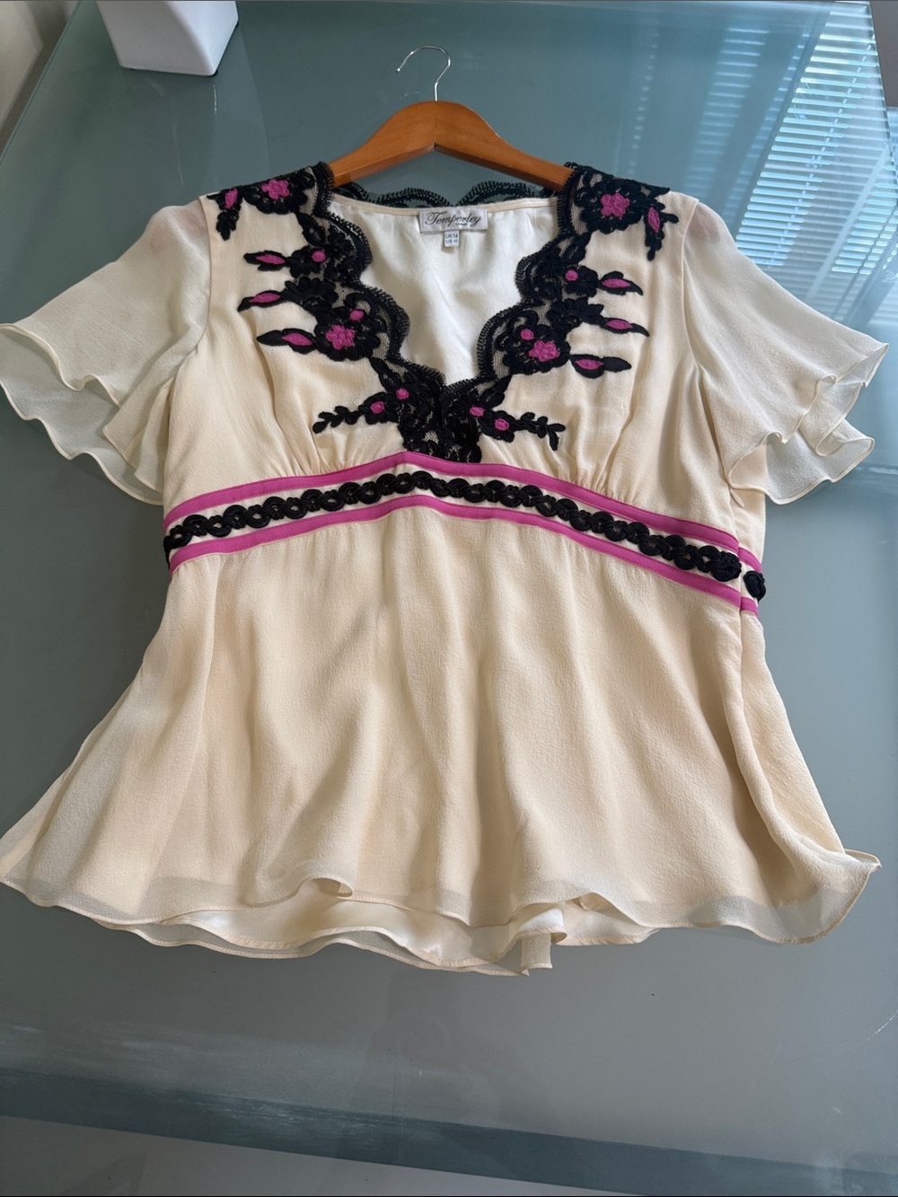 Tanya Taylor Cream Blouse with Black & Fuchsia Embroidery Size 10